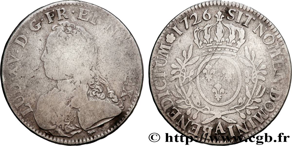 LOUIS XV DIT LE BIEN AIMÉ Écu aux branches d olivier, buste habillé 1726 Paris TB