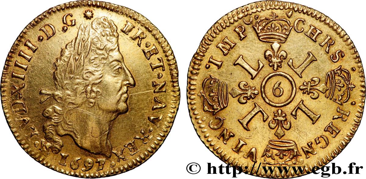 LOUIS XIV  THE SUN KING  Louis d or aux quatre L 1697 Rennes AU