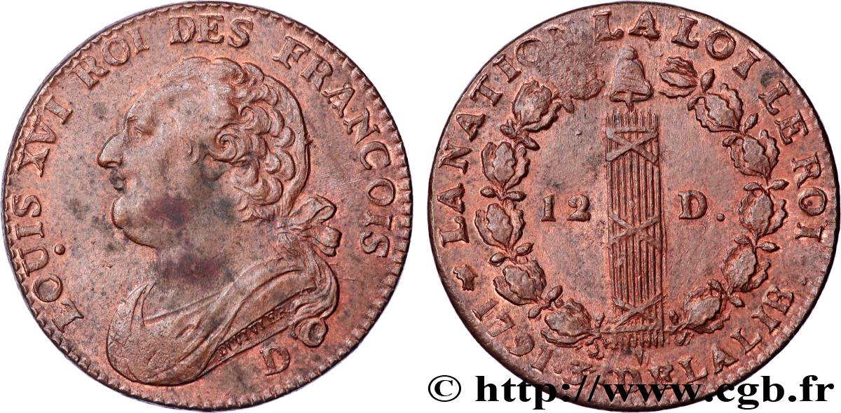 LOUIS XVI (MONARQUE CONSTITUTIONNEL)  12 deniers dit  au faisceau , type FRANCOIS 1791 Lyon SUP/TTB+