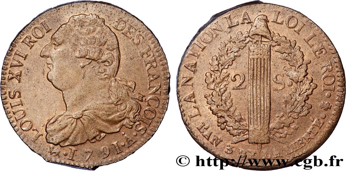 LOUIS XVI 2 sols dit  au faisceau , type FRANÇOIS 1791 Paris VZ/fVZ