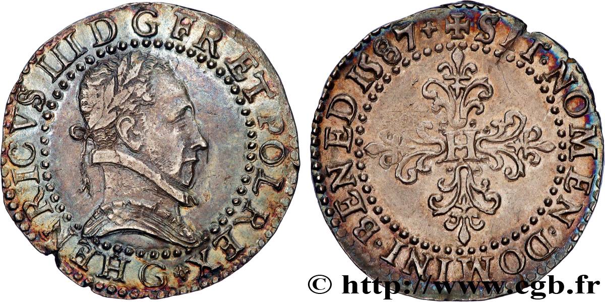 HENRY III Demi-franc au col plat 1587 Poitiers AU