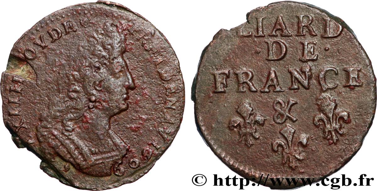 LOUIS XIV  THE SUN KING  Liard, 3e type, buste âgé 1699 Aix-en-Provence VF/AU
