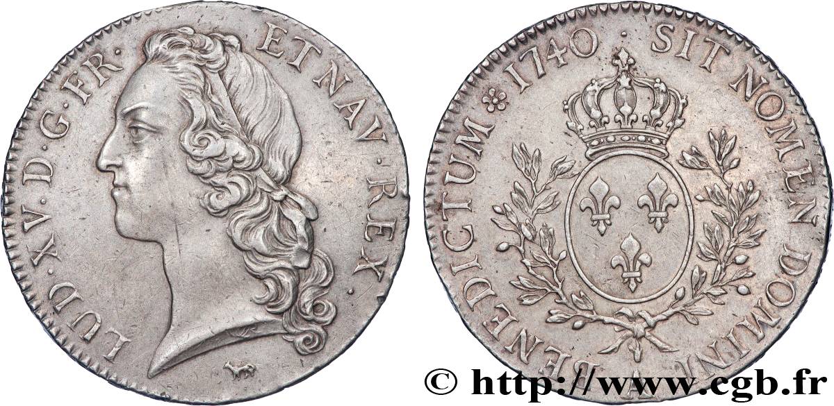 LOUIS XV  THE WELL-BELOVED  Écu aux branches d’olivier, tête ceinte d’un bandeau 1740 Paris AU/MS