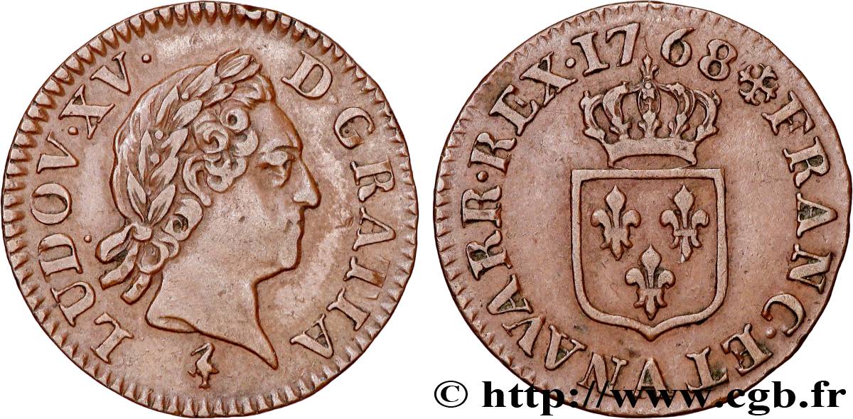 LOUIS XV  THE WELL-BELOVED  Liard dit  à la vieille tête  1768 Paris fVZ/VZ