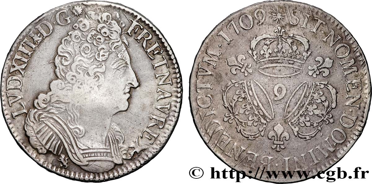 LOUIS XIV  THE SUN KING  Écu aux trois couronnes 1709 Rennes VF