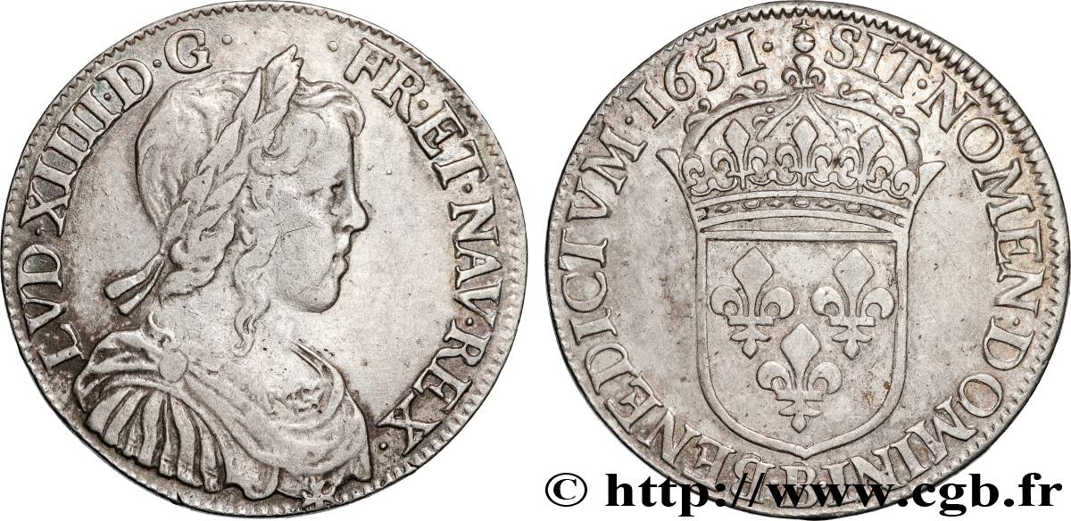 LOUIS XIV  THE SUN KING  Demi-écu, portrait à la mèche longue 1651 Rouen XF/AU