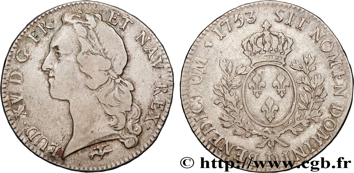 LOUIS XV THE BELOVED Écu aux branches d’olivier, tête ceinte d’un bandeau 1753 Lyon VF/XF