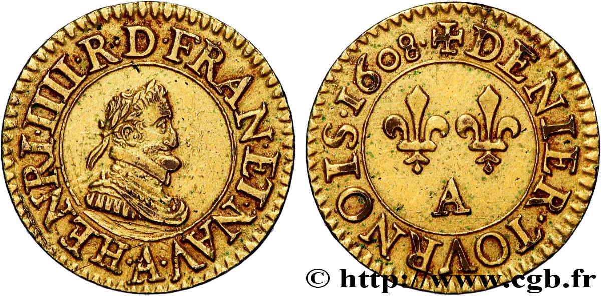 HENRY IV Denier tournois, 1er type de Paris (légende française) 1608 Paris, Moulin des Étuves AU