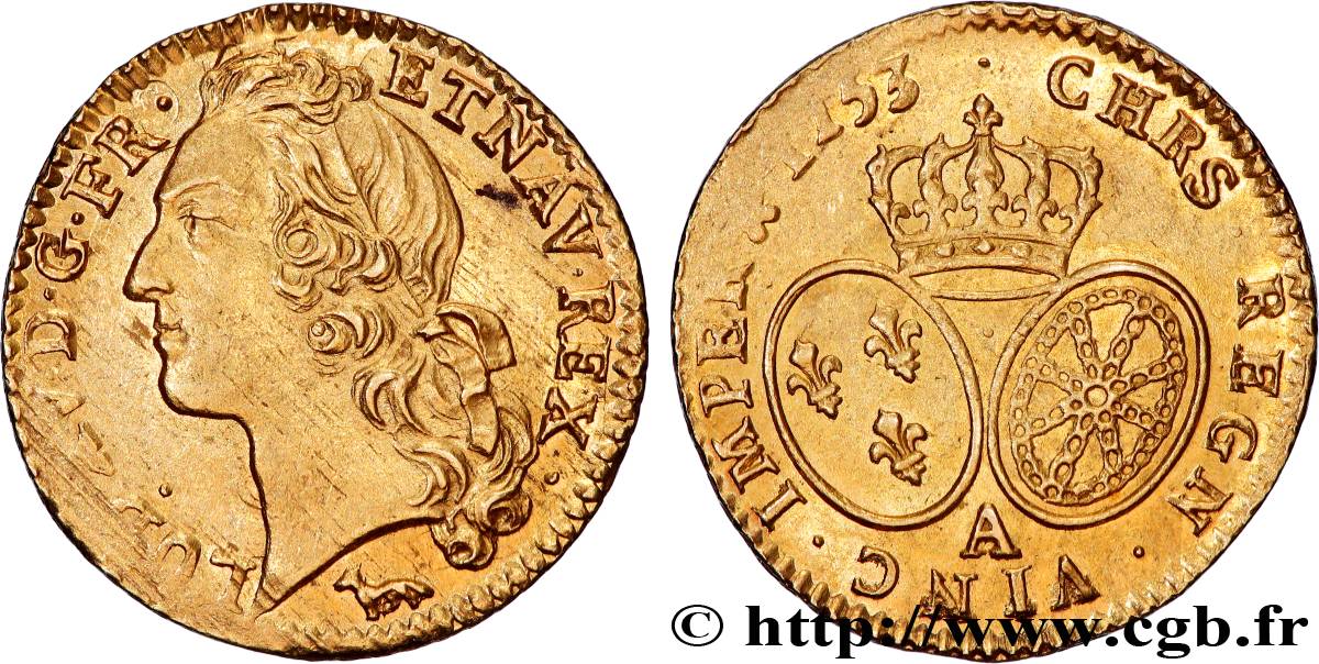 LOUIS XV  THE WELL-BELOVED  Louis d’or aux écus ovales, tête ceinte d’un bandeau 1753 Paris AU