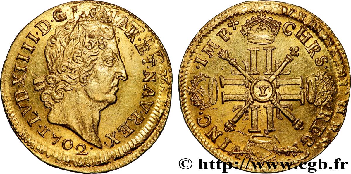 LOUIS XIV  THE SUN KING  Louis d’or aux huit L et aux insignes 1702 Bourges AU