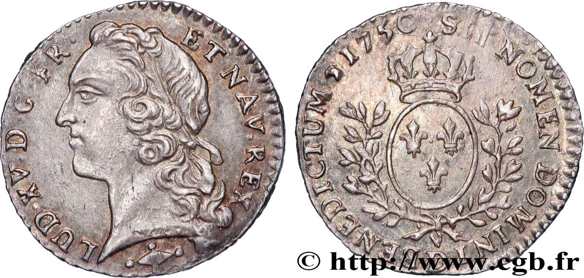 LOUIS XV DIT LE BIEN AIMÉ Vingtième d écu aux branches d’olivier, tête ceinte d’un bandeau 1750 Lyon SUP