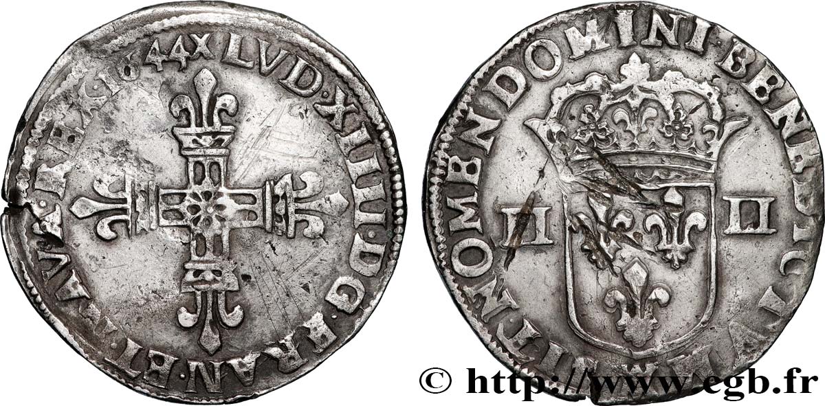 LOUIS XIV LE GRAND OU LE ROI SOLEIL Quart d écu, titulature côté croix 1644 Marseille TB+/TTB