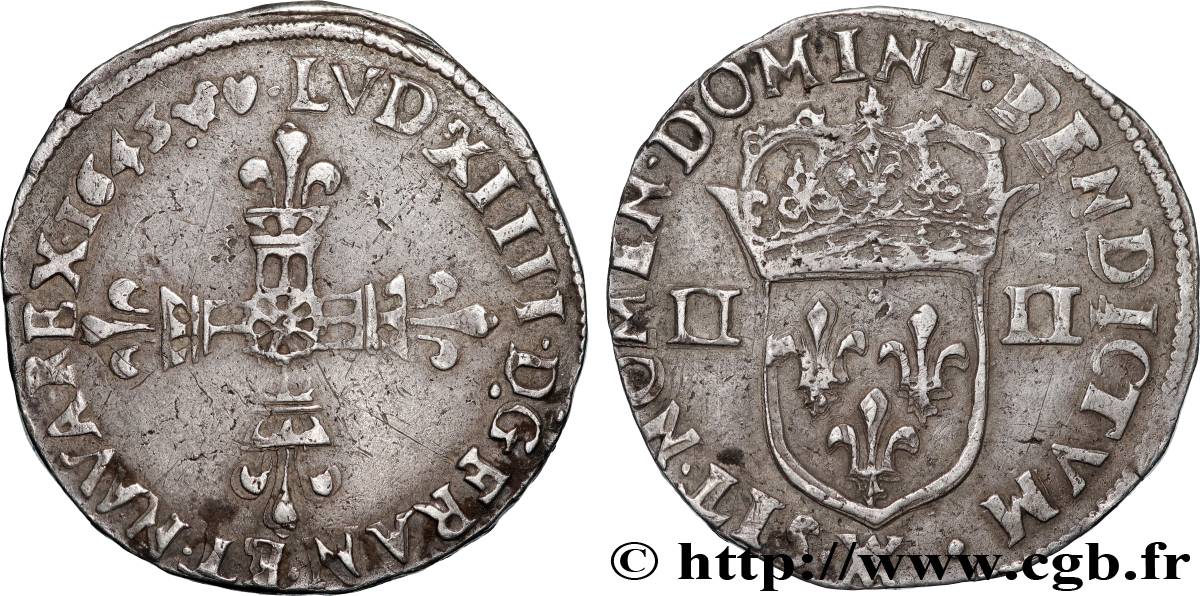 LOUIS XIV LE GRAND OU LE ROI SOLEIL Quart d écu, titulature côté croix 1645 Marseille TTB