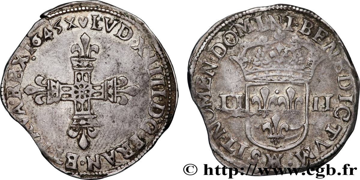 LOUIS XIV LE GRAND OU LE ROI SOLEIL Quart d écu, titulature côté croix 1645 Marseille TTB