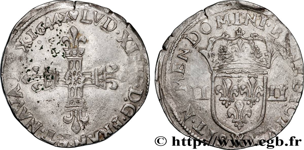 LOUIS XIV LE GRAND OU LE ROI SOLEIL Quart d écu, titulature côté croix 1644 Marseille TB+/TTB