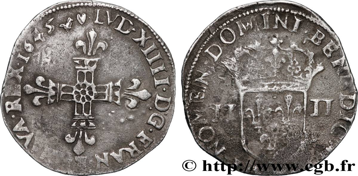 LOUIS XIV LE GRAND OU LE ROI SOLEIL Quart d écu, titulature côté croix 1645 Marseille TB+/TTB