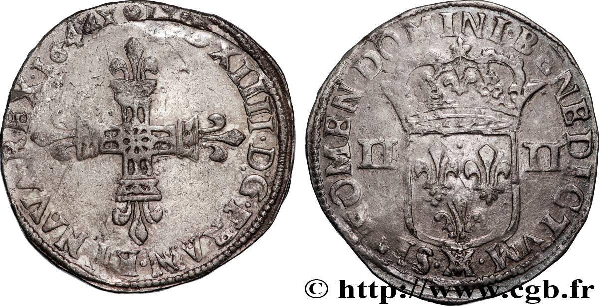 LOUIS XIV LE GRAND OU LE ROI SOLEIL Quart d écu, titulature côté croix 1644 Marseille TB+/TTB