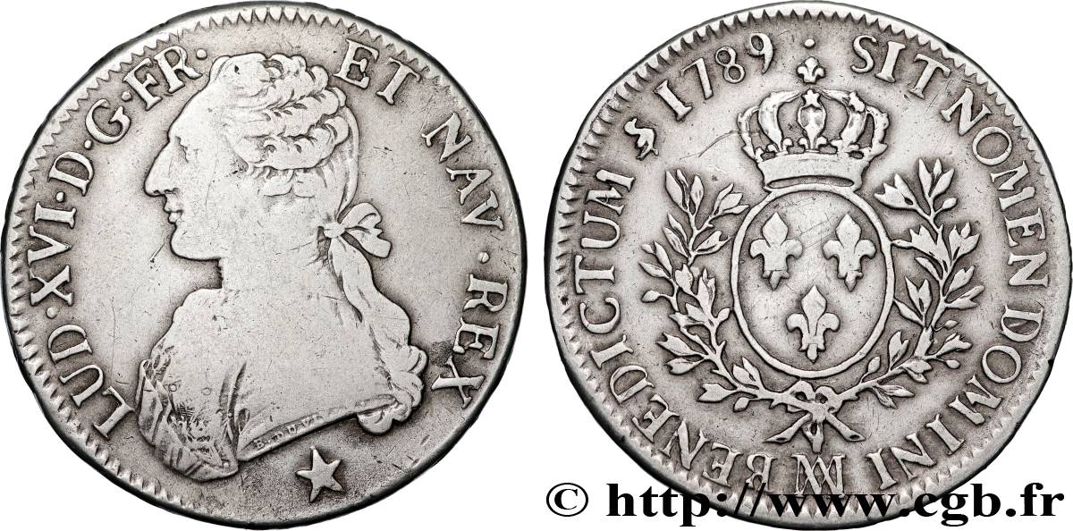 LOUIS XVI Écu aux branches d olivier 1789 Marseille TB/TB+
