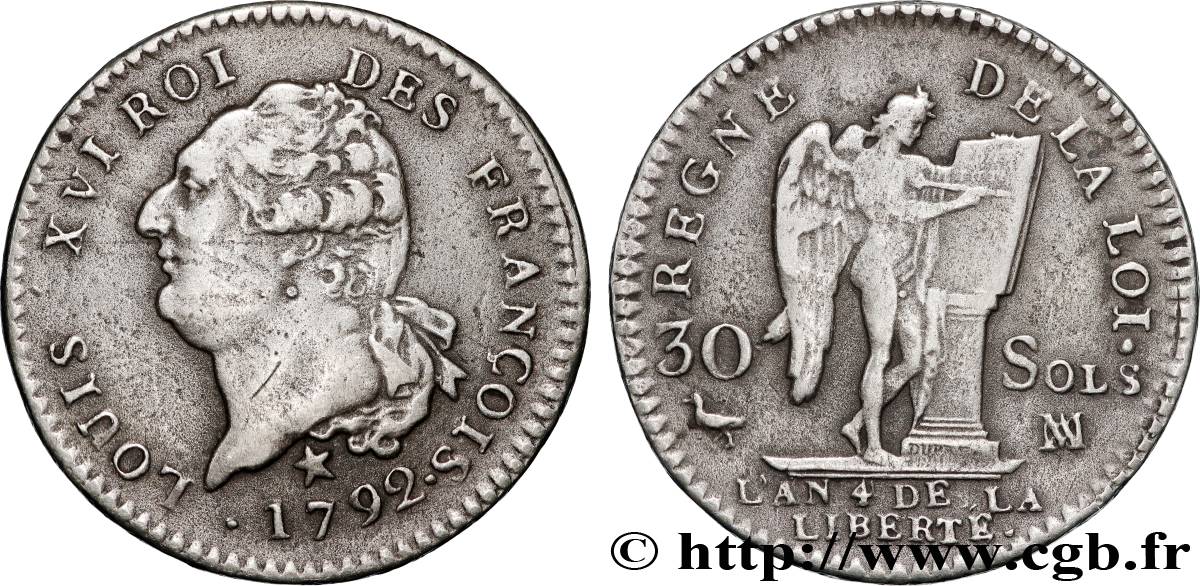 LOUIS XVI (MONARQUE CONSTITUTIONNEL)  30 sols dit  au génie , type FRANÇOIS 1792 Marseille TTB