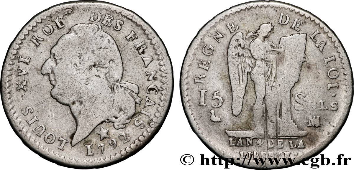LOUIS XVI (MONARQUE CONSTITUTIONNEL)  15 sols dit  au génie , légende FRANÇAIS 1792 Marseille TB