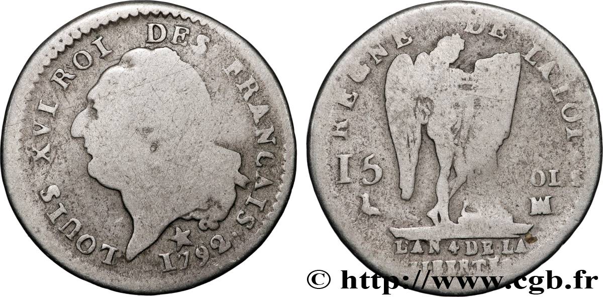 LOUIS XVI (MONARQUE CONSTITUTIONNEL)  15 sols dit  au génie , légende FRANÇAIS 1792 Marseille TB/B+