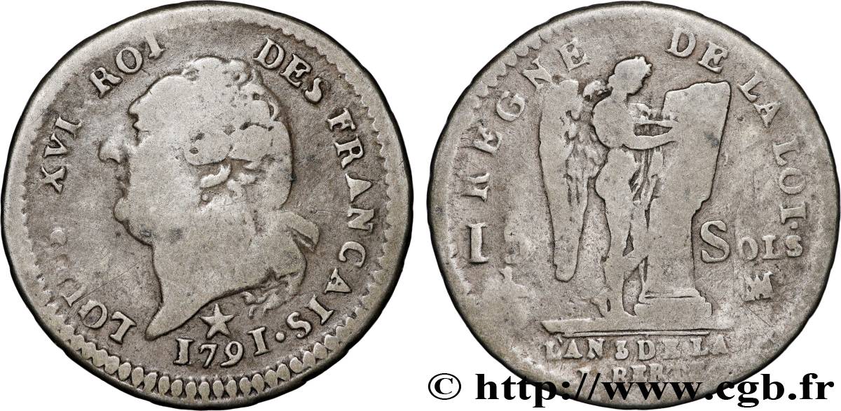 LOUIS XVI (MONARQUE CONSTITUTIONNEL)  15 sols dit  au génie , type FRANÇAIS 1791 Marseille TB