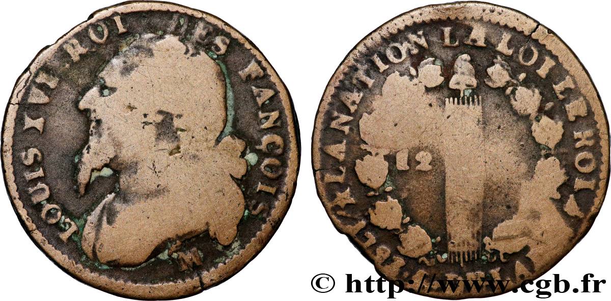 LOUIS XVI (MONARQUE CONSTITUTIONNEL)  12 deniers dit  au faisceau , légende fautée 1793 Marseille B+