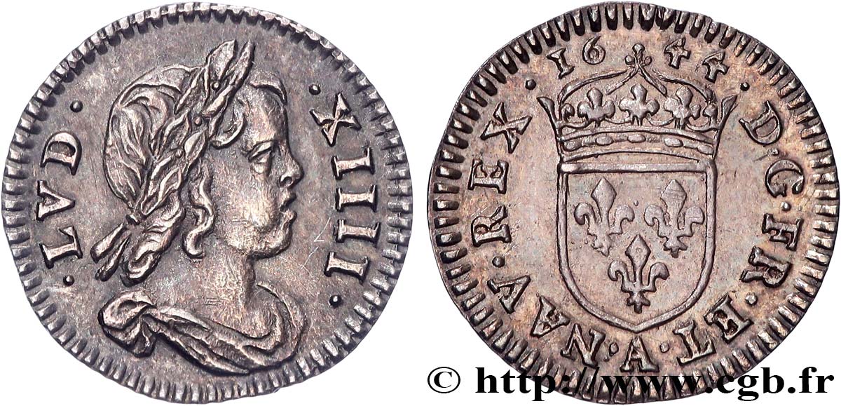LOUIS XIV  THE SUN KING  Quarante-huitième d’écu à la mèche courte 1644 Paris AU/MS