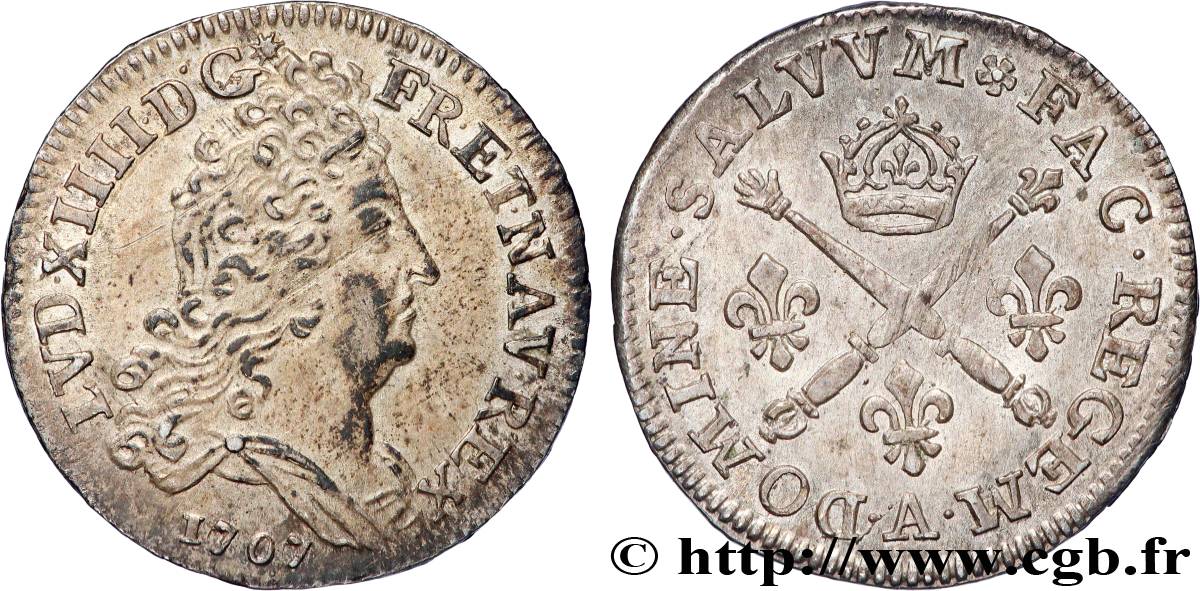 LOUIS XIV LE GRAND OU LE ROI SOLEIL 10 sols aux insignes 1707 Paris TTB+/SUP