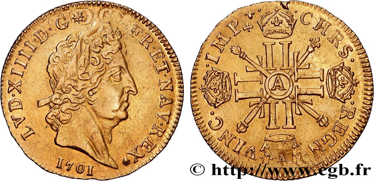 LOUIS XIV  THE SUN KING  Louis d’or aux huit L et aux insignes 1701  Paris AU/AU