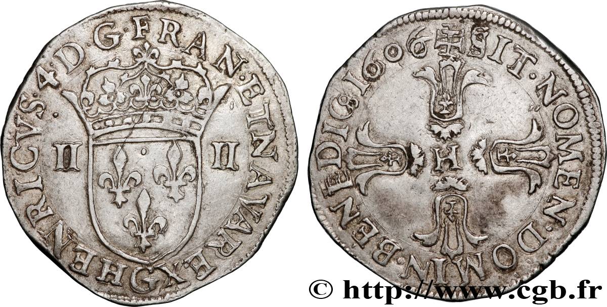 HENRY IV Quart d écu, écu de face, 3e type 1606 Poitiers AU