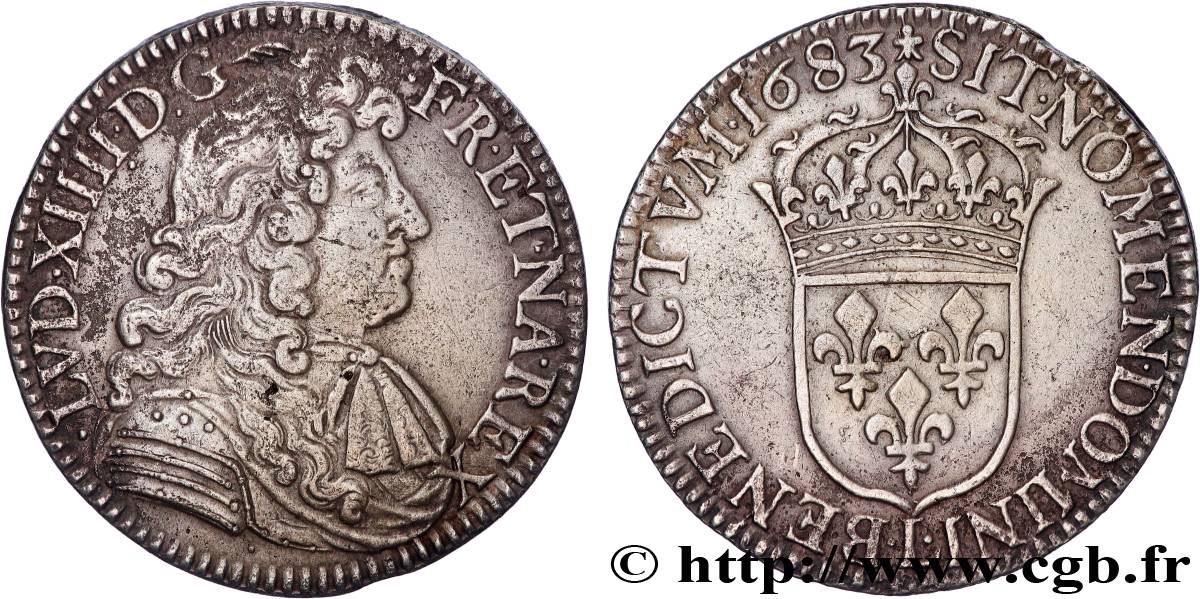 LOUIS XIV  THE SUN KING  Demi-écu, portrait à la cravate courte 1683 Bayonne AU