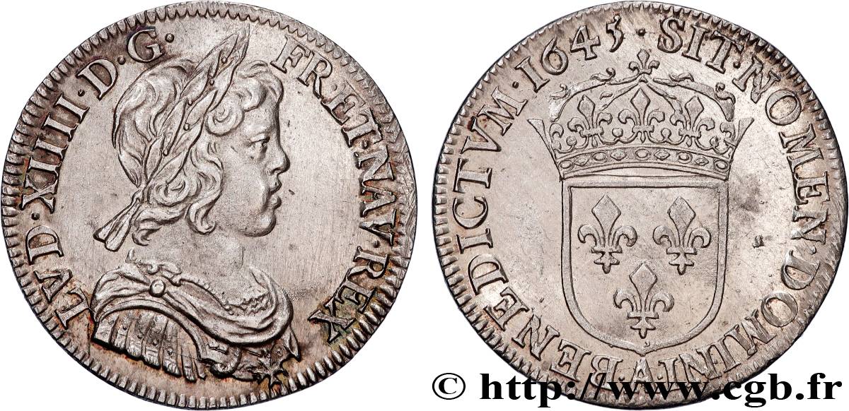 LOUIS XIV  THE SUN KING  Quart d écu, portrait à la mèche courte 1645 Paris, Monnaie du Louvre EBC
