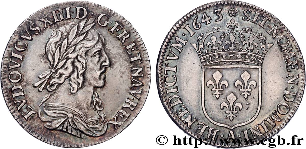 LOUIS XIII  Quart d écu, buste drapé et cuirassé (2e buste de Jean Warin) 1643 Paris, Monnaie de Matignon AU
