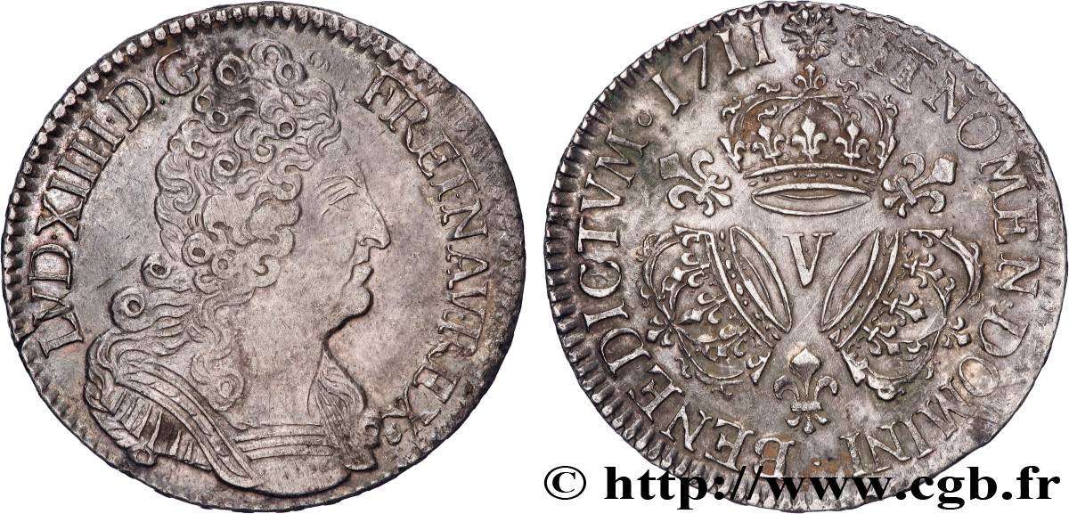 LOUIS XIV  THE SUN KING  Demi-écu aux trois couronnes 1711 Troyes AU