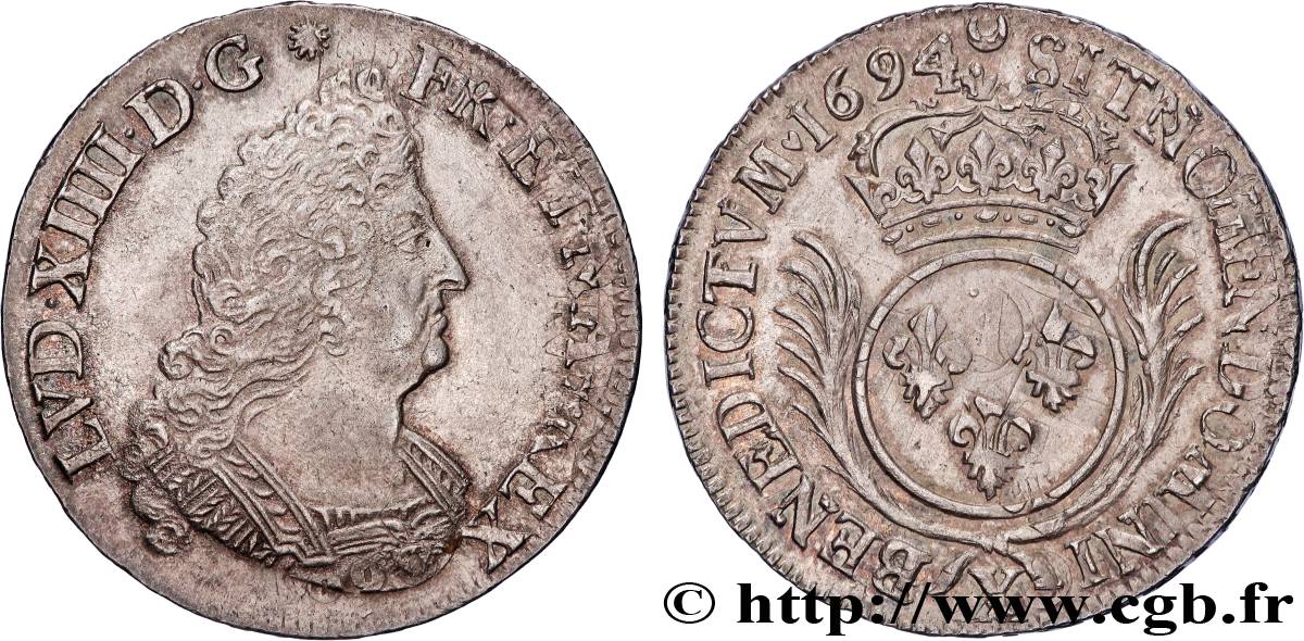 LOUIS XIV  THE SUN KING  Demi-écu aux palmes 1694 Amiens AU