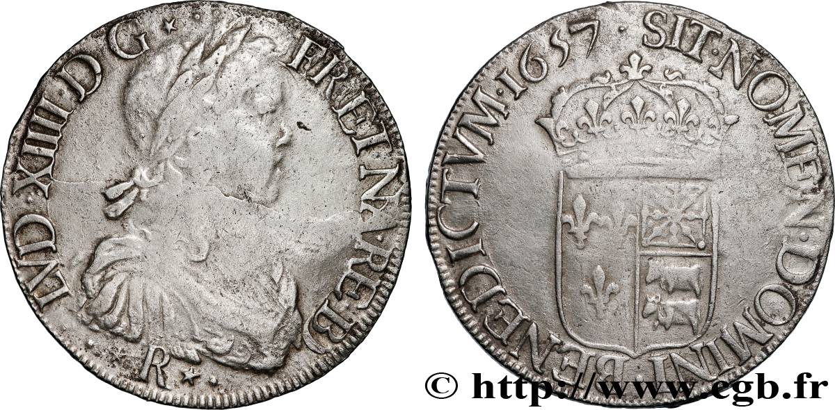 LOUIS XIV LE GRAND OU LE ROI SOLEIL Écu de Béarn, portrait à la mèche longue 1657 Pau TTB/TTB+