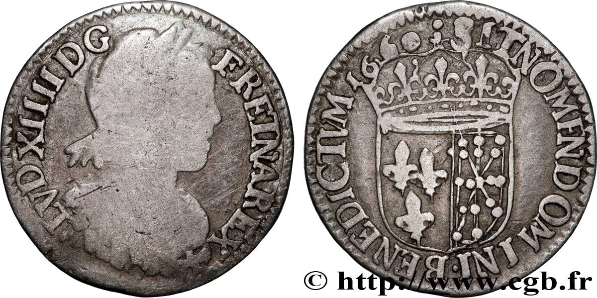 LOUIS XIV LE GRAND OU LE ROI SOLEIL Douzième d écu de Navarre, portrait à la mèche longue 1660 Saint-Palais B/TB+