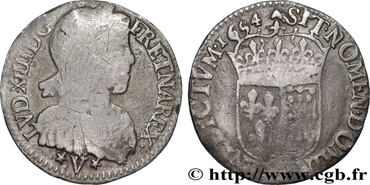 LOUIS XIV  THE SUN KING  Douzième d écu de Navarre, portrait à la mèche longue 1654 Saint-Palais F