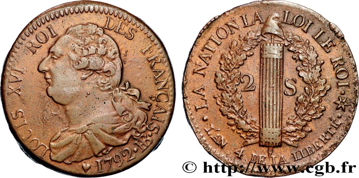 LOUIS XVI (MONARQUE CONSTITUTIONNEL)  2 sols dit  au faisceau , type FRANÇAIS 1792 Strasbourg TTB+