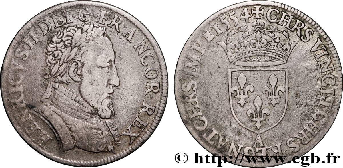 HENRY II Teston au buste lauré, 1er type, fabriqué au moulin 1554 Paris, Moulin des Étuves BC+