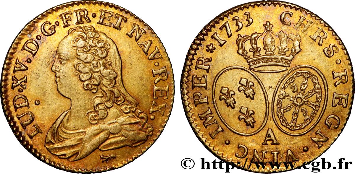 LOUIS XV THE BELOVED Louis d or aux écus ovales, buste habillé 1733 Paris AU