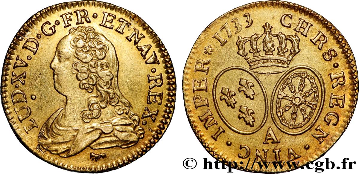 LOUIS XV THE BELOVED Louis d or aux écus ovales, buste habillé 1733 Paris AU