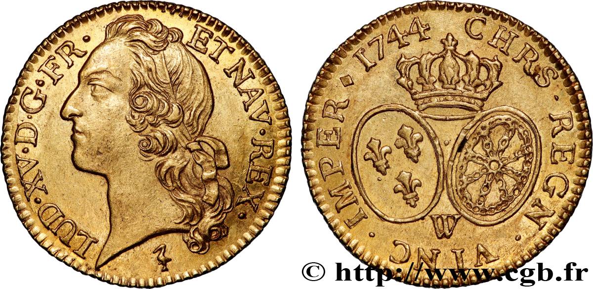 LOUIS XV  THE WELL-BELOVED  Louis d’or aux écus ovales, tête ceinte d’un bandeau 1744 Lille SPL