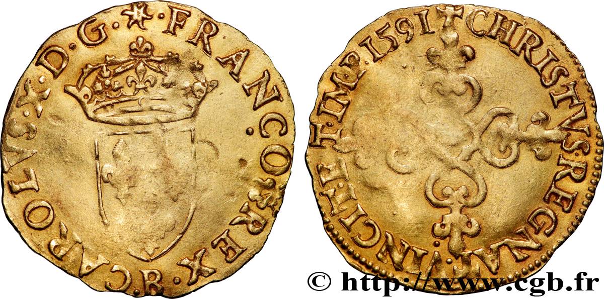 CHARLES X, CARDINAL OF BOURBON Écu d or au soleil, 1er type 1591 Rouen XF