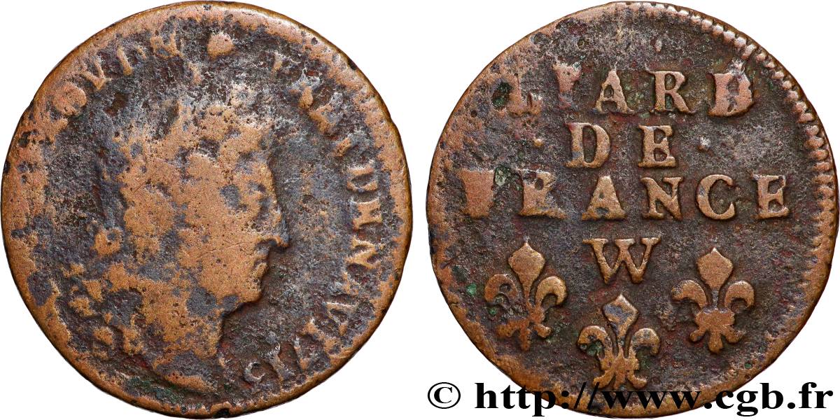LOUIS XIV  THE SUN KING  Liard de France au buste nu 1713 Lille F/VF