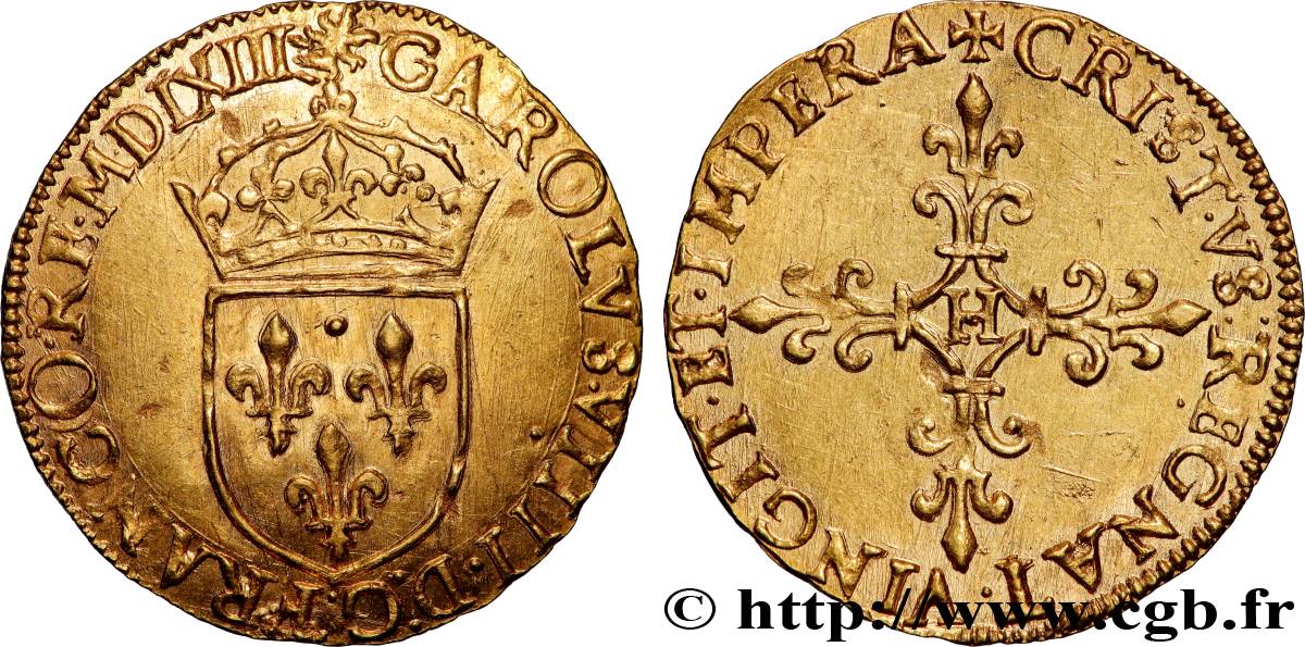 CHARLES IX Écu d or au soleil, 1er type 1563 La Rochelle AU