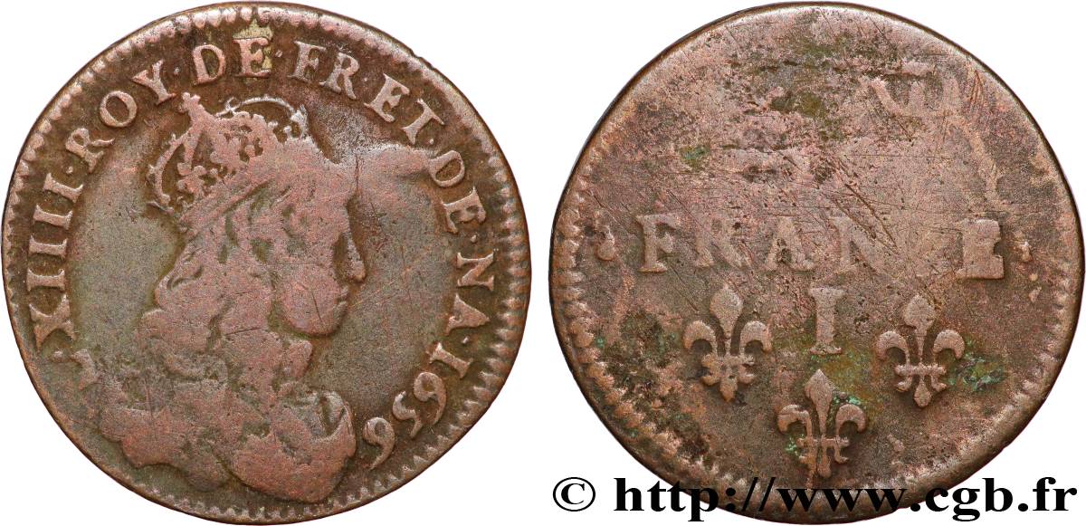 LOUIS XIV LE GRAND OU LE ROI SOLEIL Liard de cuivre 1656 Limoges TB