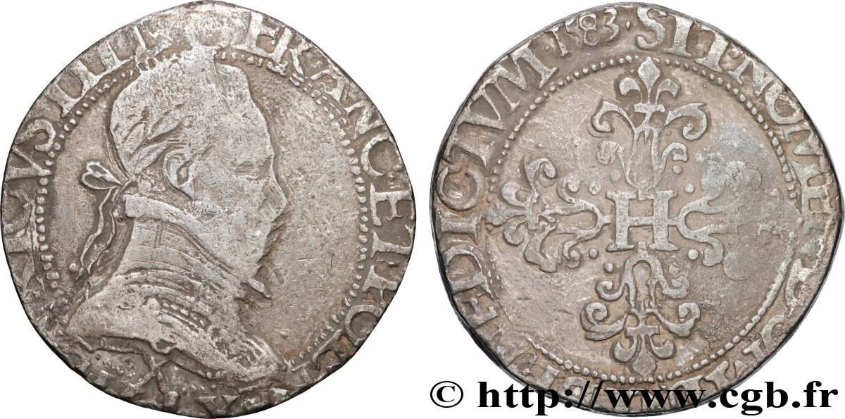 HENRY III Franc au col plat 1583 Amiens VF/XF