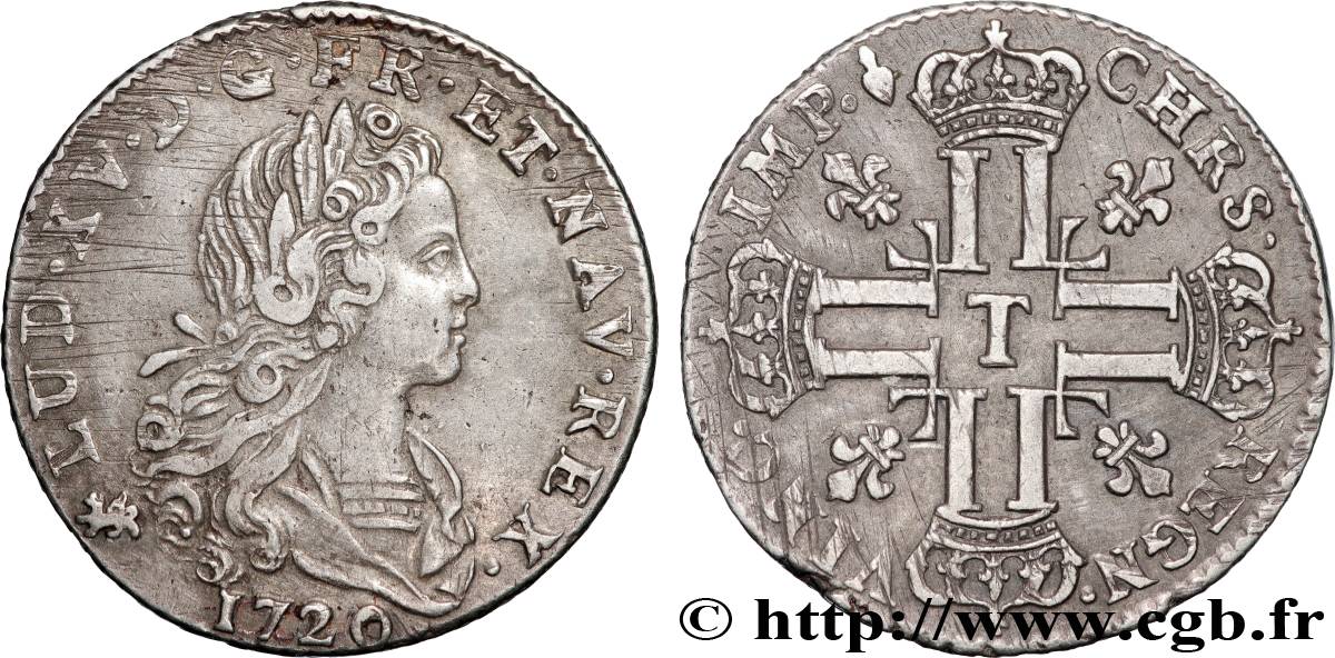 LOUIS XV  THE WELL-BELOVED  Louis d’argent à la croix aux huit L couronnées 1720 Nantes AU/AU